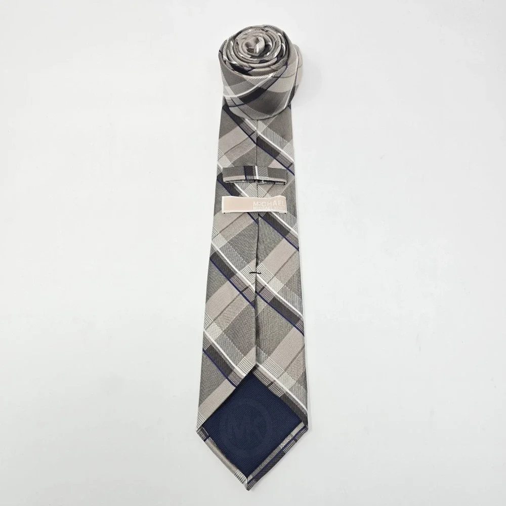 Michael Kors Mens Grey Plaid Silk Necktie Blue Accent Textured Formal Tie